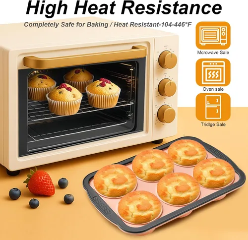 Miniatura 6 de Moldes de silicona para muffins para hornear con marco de metal, molde de silicona para muffins de 6 cavidades, molde antiadherente para cupcakes
