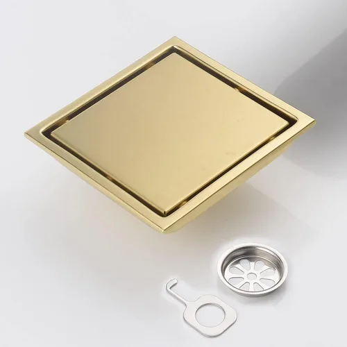 Miniatura 7 de Desagüe de ducha cuadrado dorado cepillado de 6 pulgadas, con cubierta de rejilla extraíble, forma oculta, acero inoxidable SUS304 Negro mate