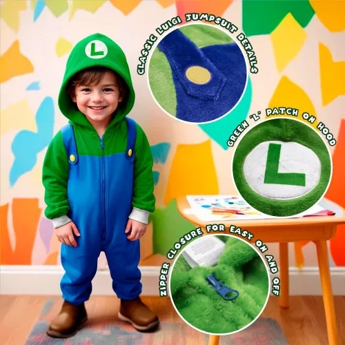 Miniatura 2 de Nintendo Super Mario Brothers Boys Long Sleeve Onesie Zip Coverall with Hoodie Mario & Luigi Cosplay Zip Up Onesie