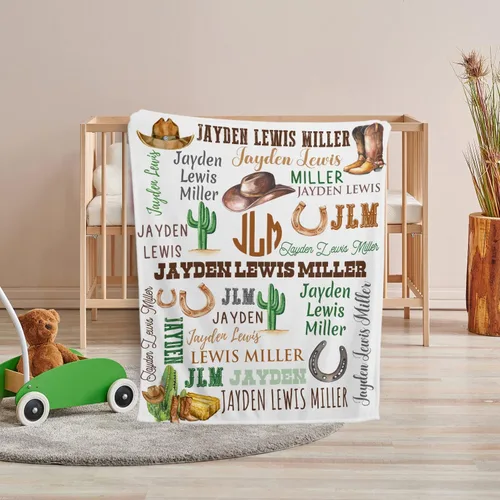 Miniatura 6 de Mantas de bebé occidentales con nombre de iniciales, mantas de bebé vaquero, mantas personalizadas de felpa de cactus para niños y niñas, cosas