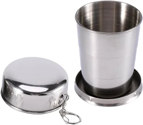 Miniatura 9 de Walfront Taza plegable de acero inoxidable con llavero, vaso de chupito portátil retráctil para camping, senderismo, beber al aire libre