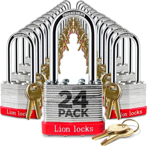Miniatura 9 de Lion Locks 4 Candados de Llave Igual con Grillete Largo de 2", 8 Llaves, Candado de Acero Endurecido, Cilindro de Pines de Latón Resistente a