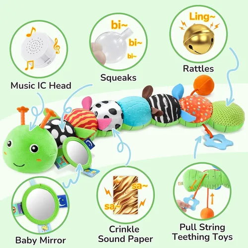 Miniatura 5 de AWOTOY Juguetes para Bebés de 6-12 Meses Oruga Musical Juguetes para Bebés Animales de Peluche 0-3-6 Meses Tiempo Boca Abajo Juguetes Sensoriales