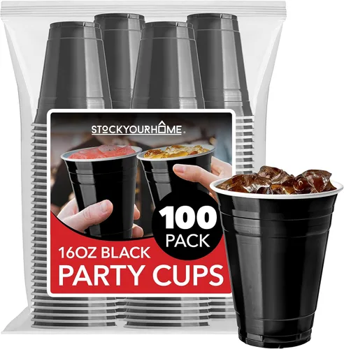 Stock Your Home Vasos de plástico negros desechables, 16 onzas (100 unidades) resistentes, paquete de vasos grandes para fiesta, paquete a granel
