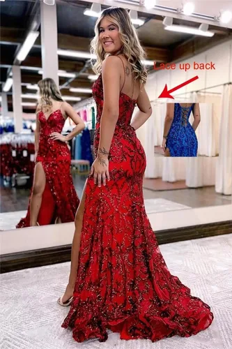 Miniatura 2 de RUMUGUYA Vestido de fiesta de sirena con lentejuelas brillantes con abertura para mujer, tirantes delgados, vestido formal de noche 2024