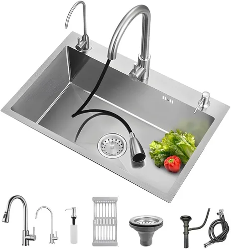 Miniatura 8 de ARTLINE Fregadero de cocina negro, fregadero de un solo cuenco de acero inoxidable, fregadero de estación de trabajo de caída/montaje superior
