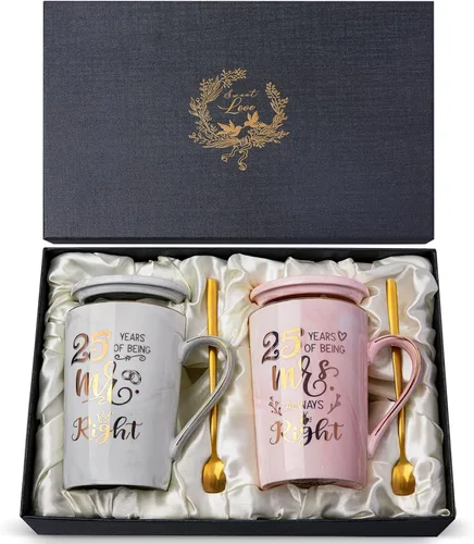Biching Regalos de Boda del 25º Aniversario, 25 Años de Ser Mr Right & Mrs Always Right Taza de Café Regalos para Parejas Padres Mujeres Hombres