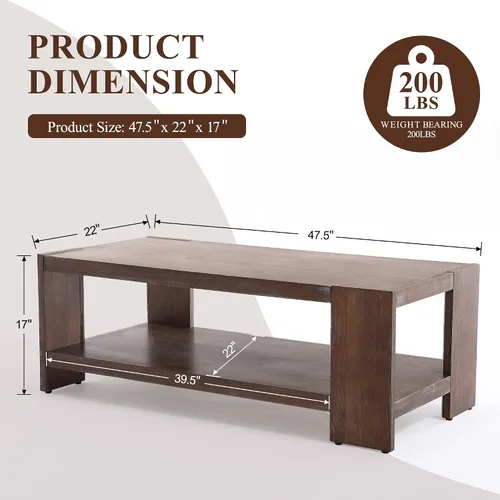 Miniatura 2 de chairus Mesa auxiliar de 47 pulgadas con almacenamiento de 2 niveles, mesa central rectangular de granja con patas de madera de pino maciza