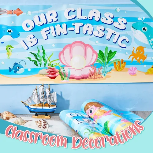 Miniatura 3 de Yeaqee 2 carteles con temática oceánica de 1 x 3 pies, telón de fondo de fotografía para aula, decoración de tablón de anuncios de bienvenida, telón