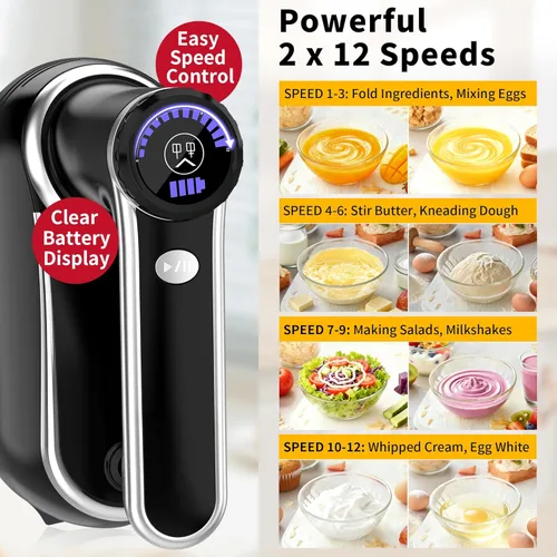 Miniatura 3 de binROC Batidora de mano eléctrica inalámbrica, mezcladora de mano recargable de 12 velocidades con botón de expulsión, 6 accesorios de acero Negro