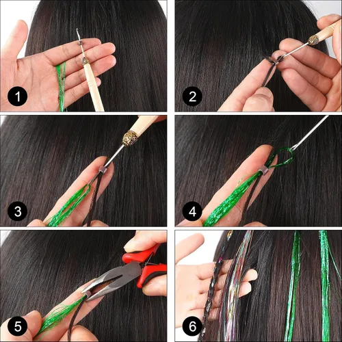 Miniatura 3 de FEBSNOW Extensión de cabello de 47 pulgadas con herramienta 2400 mechones, 12 colores mezclados, kit de extensiones de cabello con brillantina