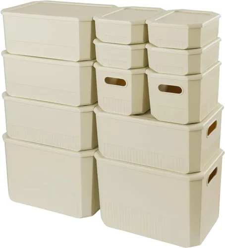 Miniatura 10 de ANMINY 12 contenedores de plástico con tapas, grandes cajas de almacenamiento blancas para organización, cestas de almacenamiento de plástico