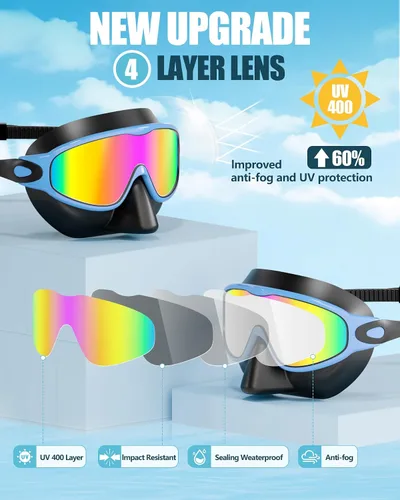 Miniatura 8 de Aegend Gafas de natación con cubierta para la nariz, paquete de 2 máscaras de natación de visión amplia, antivaho/UV