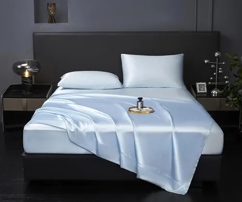 Revdomfly Juego de 4 Piezas de Sábanas de Satén Azul Bebé de Tamaño Completo, Lujosas y Suaves como Seda, 1 Sábana Bajera Premium que Absorbe la