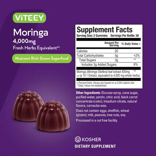 Miniatura 4 de Viteey Moringa Gummies - 4,000 mg [de 400 mg de extracto 10: 1] de Moringa Suplemento Super Greens - Gomitas antioxidantes para el bienestar