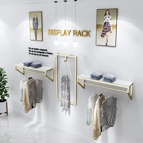 Miniatura 4 de Modern Simple - Estante de exhibición de metal resistente para hombres y mujeres, perchero de pared con madera, riel para ropa, toallero para colgar
