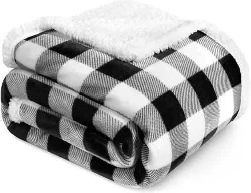 Miniatura 11 de PAVILIA Manta Sherpa de Cuadros Buffalo Gris Claro para Sofá, Manta de Forro Polar Suave Gris Claro a Cuadros, Manta de Franela Suave y Mullida