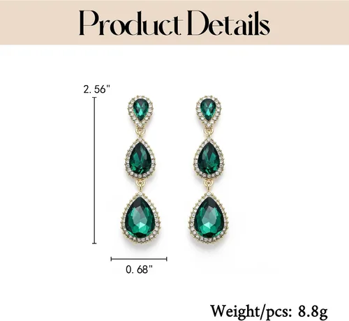 Miniatura 5 de EleQueen Pendientes de cristal austriaco en tono dorado para mujer, forma de pera de 2.5 pulgadas, color esmeralda