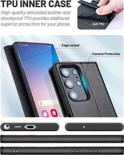Miniatura 5 de OCASE Funda compatible con Galaxy S23 Ultra 5G, funda de piel sintética con tapa y soporte para tarjetas con bloqueo RFID