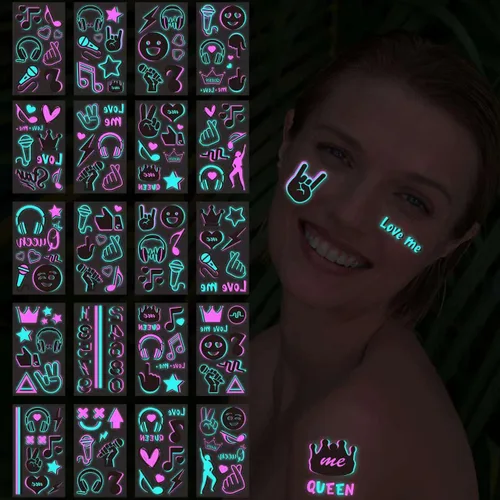 Miniatura 6 de 20 hojas de tatuajes que brillan en la oscuridad, tatuajes temporales, más de 160 estilos para adultos, fluorescentes, UV, neón, purpurina corporal