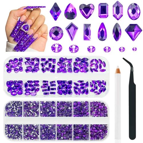 Miniatura 8 de qiipii Diamantes de imitación para uñas de amatista púrpura de múltiples formas de cristal con base plana K9, piedras de vidrio púrpura claro, gemas