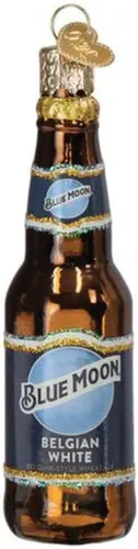 Old World Christmas Botella de luna azul soplado adorno para árbol de Navidad, decoración navideña hecha a mano, colección de cerveza