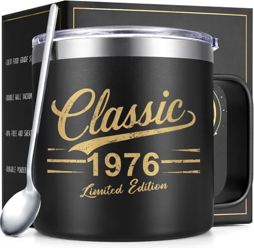 Qtencas Regalos de cumpleaños número 50 para él, taza de café aislada clásica de 1976 con tapa y pajilla, ideas de regalo de cumpleaños para