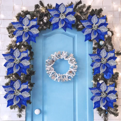 Miniatura 7 de Juego de 14 flores de Pascua de 8.7 pulgadas de ancho, 4 capas de flores de pascua con purpurina azul para árbol de Navidad, coronas, guirnaldas