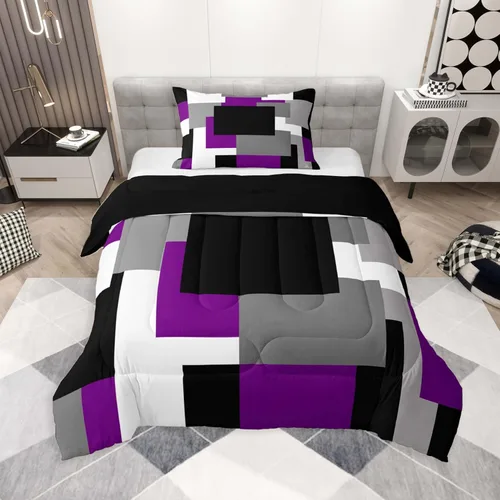 Miniatura 40 de jejeloiu Juego de edredón geométrico para niños, tamaño individual, diseño de rayas de color negro, blanco y gris, juego de ropa de cama decorativo