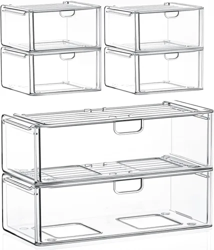 caktraie Juego de 6 cajones de almacenamiento de acrílico, organizador de maquillaje transparente, cubos organizadores de plástico para suministros