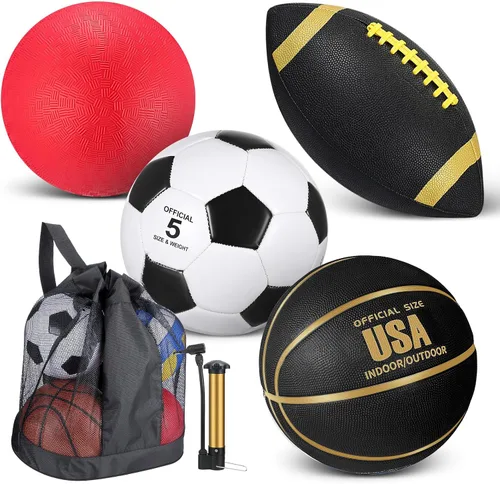 Lenwen Juego de 4 pelotas deportivas, incluye tamaño oficial de baloncesto, fútbol, fútbol, parque infantil, bolsa de equipamiento, equipo de