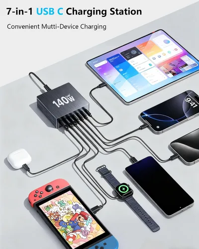 Miniatura 3 de Estación de carga USB C, estación de carga rápida GaN III de 7 puertos de 140 W, estación de carga USB PD 3.0 para múltiples dispositivos
