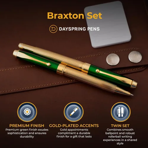 Miniatura 4 de Set de bolígrafo y pluma rodante Braxton personalizado - Acabado de laca verde con ribete dorado. Juego de regalo chapado en oro de 18 quilates