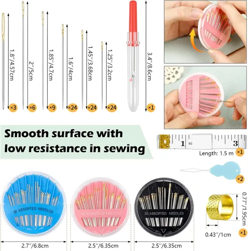 Miniatura 3 de FIVEIZERO Juego de agujas de coser a mano premium, 90 agujas de bordar surtidas con enhebradores, cuchillo para quitar hilos, dedal, cinta métrica