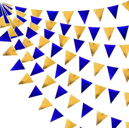 Miniatura 61 de Decoración de fiesta iridiscente de 33 pies, tela holográfica, banderín triangular, banderín de algodón, guirnalda de banderines para cumpleaños
