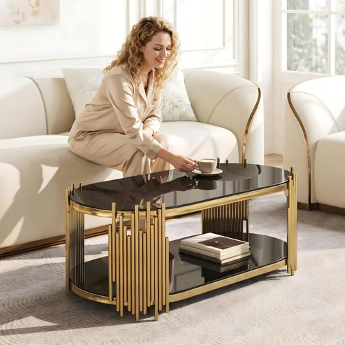 Miniatura 8 de 2-Tier Gold Glass Coffee Table, Modern Oval Coffee Table with Clear Tempered Black Shelves and Stainless Steel Frame, Luxury Center Tables for