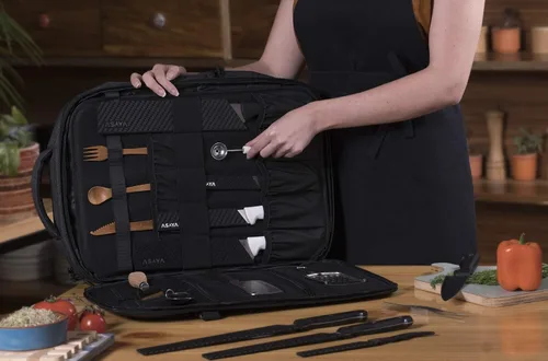 Miniatura 18 de Asaya Mochila para cuchillos de chef con bolsa enrollable de 20 bolsillos, más de 30 bolsillos para cuchillos, cuchillos no incluidos (marrón)