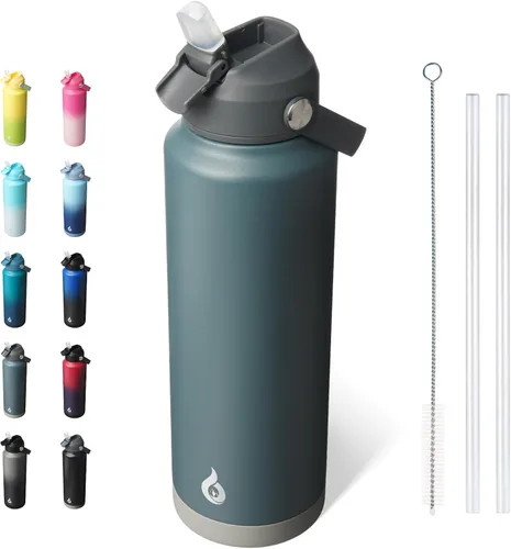 Miniatura 10 de BJPKPK - Botella de agua aislada con tapa de popote, 532 ml Botellas termo con boquilla suave, asa flexible y base antideslizante, libre de BPA, a
