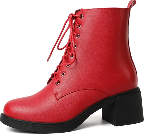 Miniatura 85 de ROSERWISH Botas altas de tacón bajo y grueso para mujer, con cordones, cómodas, modernas, con puntera redonda, de 2.5 pulgadas