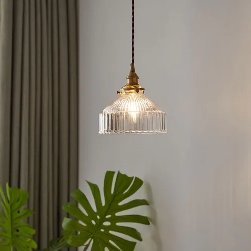 Miniatura 3 de Lámpara colgante de cristal acanalado transparente vintage industrial, acabado de latón E27, lámpara colgante retro ajustable para isla de cocina