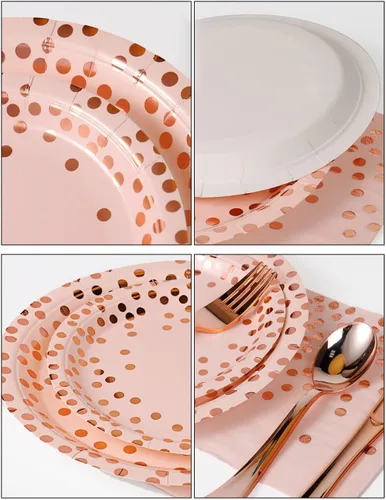 Miniatura 2 de Nkaiso 141 piezas de suministros de fiesta de oro rosa y rosa, juegos de decoraciones desechables para fiestas incluyen platos de papel, Rosa y oro