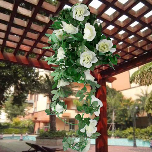 Miniatura 6 de Guirnalda de vid de rosas falsas de 16 pies, plantas colgantes de hiedra rosa, hogar, hotel, oficina, boda, fiesta, decoración de jardín