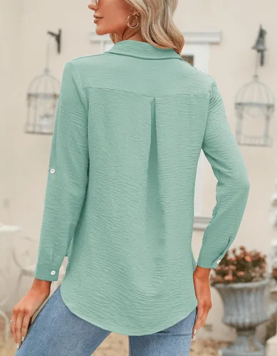 Miniatura 37 de Odosalii - Camisas con botones para mujer, con cuello en V, manga larga, enrolladas, blusas elegantes y formales para negocios y ocasiones casuales