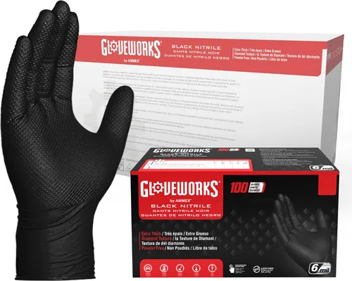 Guantes de nitrilo negro HD GLOVEWORKS - 6 mil Guantes desechables, sin látex, para mecánicos