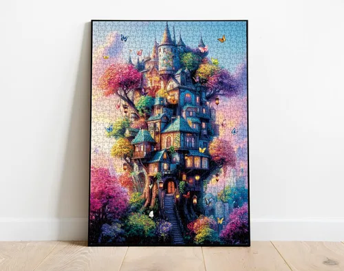 Miniatura 8 de Rompecabezas de 1000 piezas de casa del árbol de mariposa para adultos, rompecabezas de fantasía, colorido árbol de casa de plantas