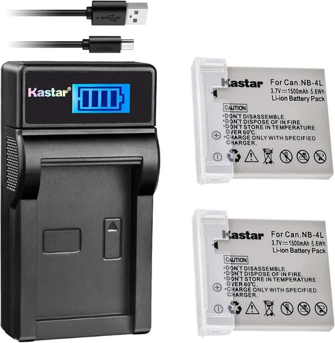 Kastar Batería (X2) y Cargador USB LCD delgado para Canon NB-4L y Canon ELPH 100 HS, 300 HS, 310 HS, 330 HS, VIXIA mini, Powershot SD400, SD450,