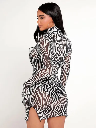 Miniatura 2 de Verdusa Vestido ajustado de manga larga con cuello alto falso de malla transparente para mujer