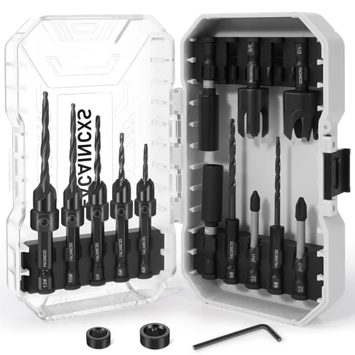 FACAINCXS Juego de brocas avellanadas para madera, 16 piezas de acero de alta velocidad para carpintería, brocas cónicas para contador de fregadero