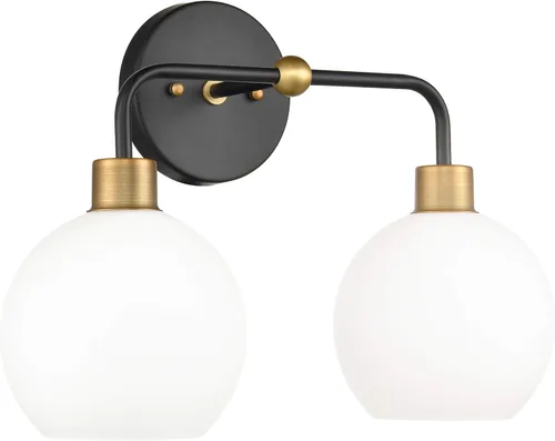 Linea di Liara Lukasa - Moderna lámpara de tocador de baño, 2 luces sobre espejo, color negro mate y dorado, para lámparas de baño, cubiertas de