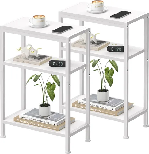 Miniatura 15 de Mesa auxiliar estrecha para espacios pequeños, mesa auxiliar delgada de 2 niveles, mesita de noche delgada, mesa de sofá delgada para aperitivos